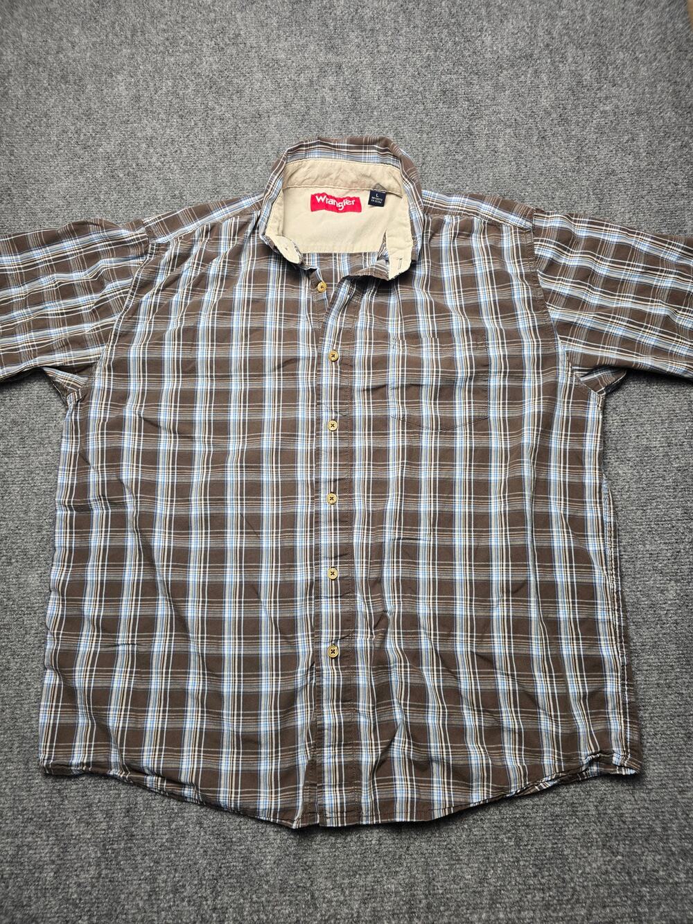 Wrangler Plaid Shirt Mens L Brown Blue Short Sleeve Button Up Cotton